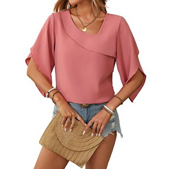 Summer Women's Elegant Casual Loose Half Sleeve Asymmetric Collar Shirt Top