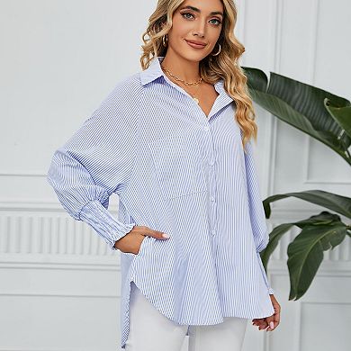 Women's Long Sleeve Shirt Soft Stripe Blouse Top Boyfriend Work Bishop Sleeve Button Down Shirts