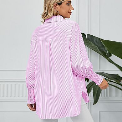 Women's Long Sleeve Shirt Soft Stripe Blouse Top Boyfriend Work Bishop Sleeve Button Down Shirts