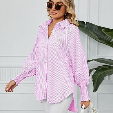 Women's Long Sleeve Shirt Soft Stripe Blouse Top Boyfriend Work Bishop Sleeve Button Down Shirts