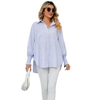Women's Long Sleeve Shirt Soft Stripe Blouse Top Boyfriend Work Bishop Sleeve Button Down Shirts