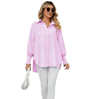Women's Long Sleeve Shirt Soft Stripe Blouse Top Boyfriend Work Bishop Sleeve Button Down Shirts