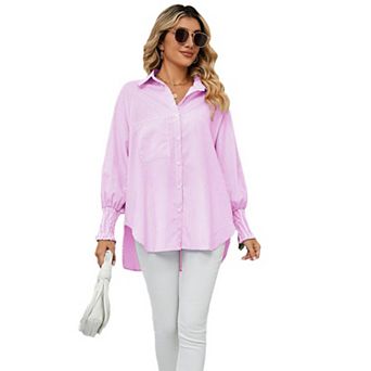 Women's Long Sleeve Shirt Soft Stripe Blouse Top Boyfriend Work Bishop Sleeve Button Down Shirts