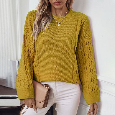 Women's Long Sleeve Crew Neck Sweaters Solid Color Tops Cable Knit Chunky Casual Pullover