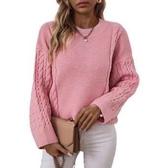 Women's Long Sleeve Crew Neck Sweaters Solid Color Tops Cable Knit Chunky Casual Pullover