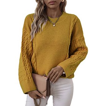 Women's Long Sleeve Crew Neck Sweaters Solid Color Tops Cable Knit Chunky Casual Pullover