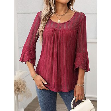 Women's 3/4 Sleeve Tops Sparkly Dressy Casual Double Layers Mesh Shirt Business Work Blouses