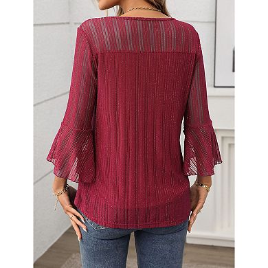 Women's 3/4 Sleeve Tops Sparkly Dressy Casual Double Layers Mesh Shirt Business Work Blouses
