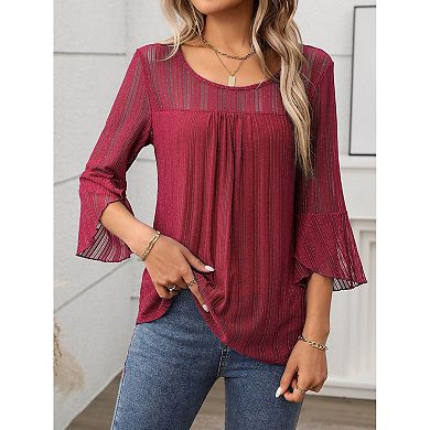 Women's 3/4 Sleeve Tops Sparkly Dressy Casual Double Layers Mesh Shirt Business Work Blouses
