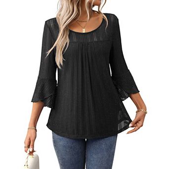 Women's 3/4 Sleeve Tops Sparkly Dressy Casual Double Layers Mesh Shirt Business Work Blouses