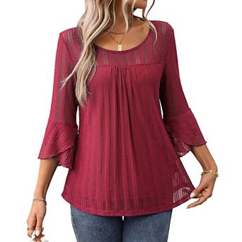 Women's 3/4 Sleeve Tops Sparkly Dressy Casual Double Layers Mesh Shirt Business Work Blouses