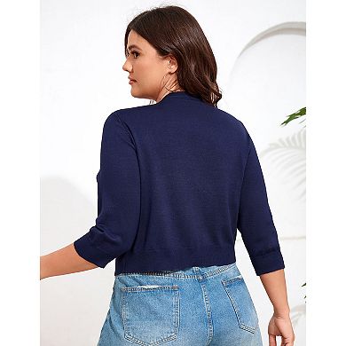 Women's Tie Front 3/4 Sleeve Rib Knit Bolero Open Front Cardigan Sweaters Shrug