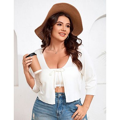 Women's Tie Front 3/4 Sleeve Rib Knit Bolero Open Front Cardigan Sweaters Shrug