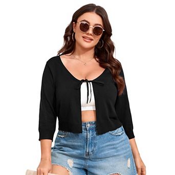 Women's Tie Front 3/4 Sleeve Rib Knit Bolero Open Front Cardigan Sweaters Shrug