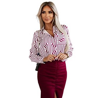 Women's V-Neck Long-Sleeve Striped Shirt Lightweight Button-Down Blouse for Casual or Work Wear