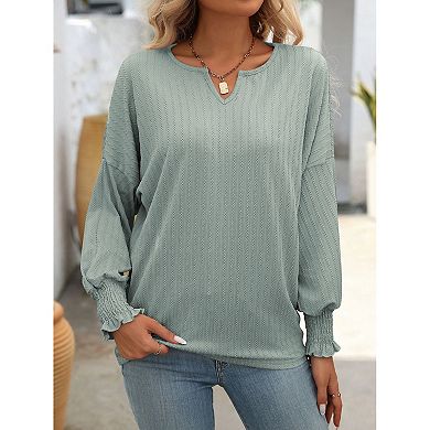Womens Tops V Neck Smocked Cuff Drop Shoulder Batwing Long Sleeve Casual Blouse Top