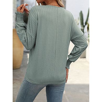 Womens Tops V Neck Smocked Cuff Drop Shoulder Batwing Long Sleeve Casual Blouse Top