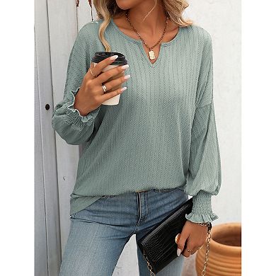 Womens Tops V Neck Smocked Cuff Drop Shoulder Batwing Long Sleeve Casual Blouse Top