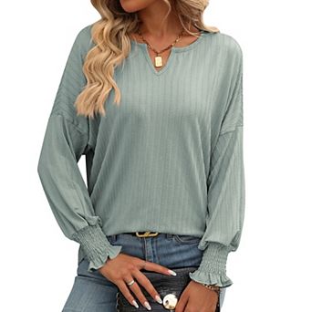 Womens Tops V Neck Smocked Cuff Drop Shoulder Batwing Long Sleeve Casual Blouse Top