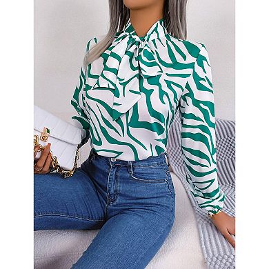 Women's Casual Printing Auricular Lace Up Bow Chiffon Shirt Top