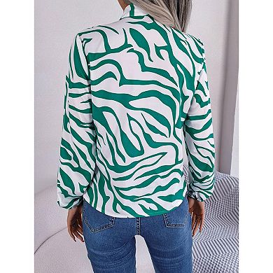 Women's Casual Printing Auricular Lace Up Bow Chiffon Shirt Top