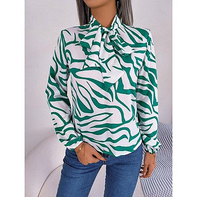 Women's Casual Printing Auricular Lace Up Bow Chiffon Shirt Top