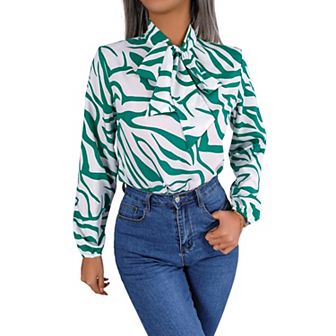 Women's Casual Printing Auricular Lace Up Bow Chiffon Shirt Top