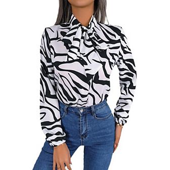 Women's Casual Printing Auricular Lace Up Bow Chiffon Shirt Top