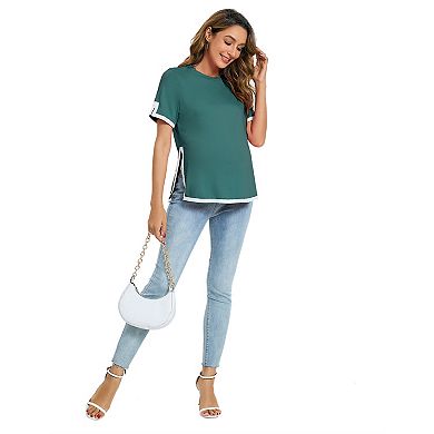 Maternity Shirts Women's Casual Floral Print Tops Pregnancy Short Sleeve Striped Slit Side Tunic