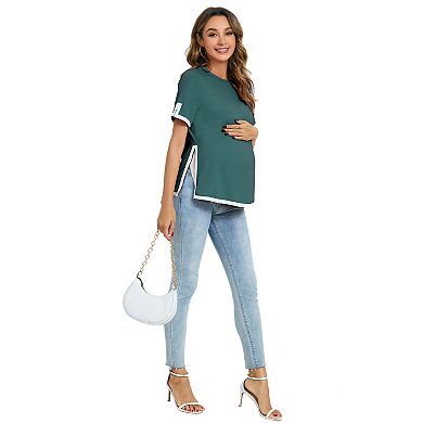 Maternity Shirts Women's Casual Floral Print Tops Pregnancy Short Sleeve Striped Slit Side Tunic