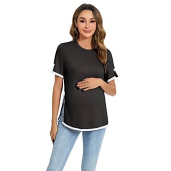 Maternity Shirts Women's Casual Floral Print Tops Pregnancy Short Sleeve Striped Slit Side Tunic