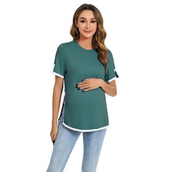 Maternity Shirts Women's Casual Floral Print Tops Pregnancy Short Sleeve Striped Slit Side Tunic