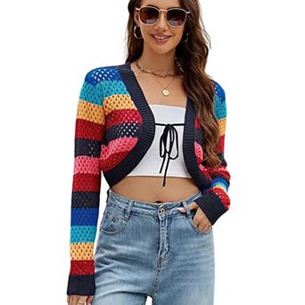 Women's Chic Colorful Striped Tie Up Long Sleeve Hollow Out Knit Crop Cardigan