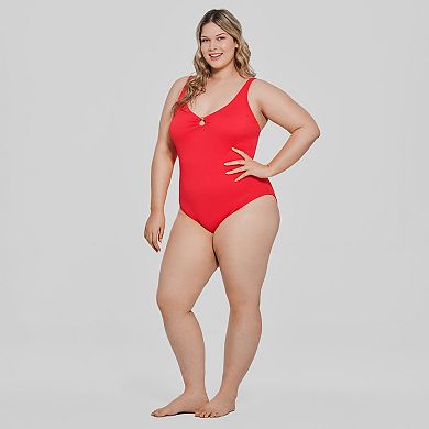 Plus Size Freshwater Amalfi Red Ring-Front One-Piece Swimsuit