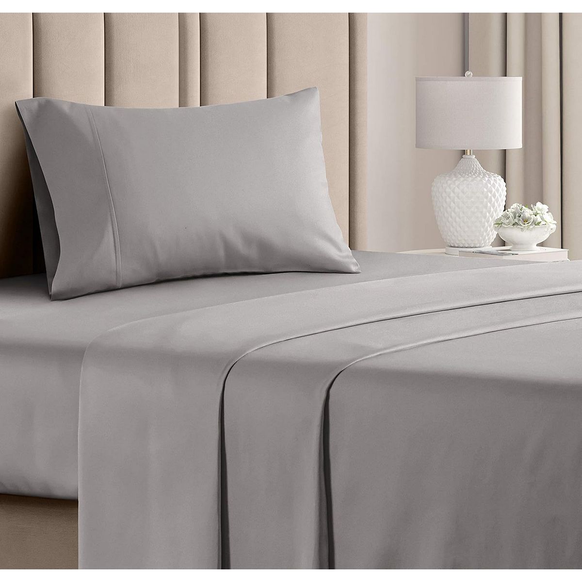 CGK Linens Soft 100% Cotton 400 Thread Count 4 Piece Sateen Sheet Set - Light Gray, FULL