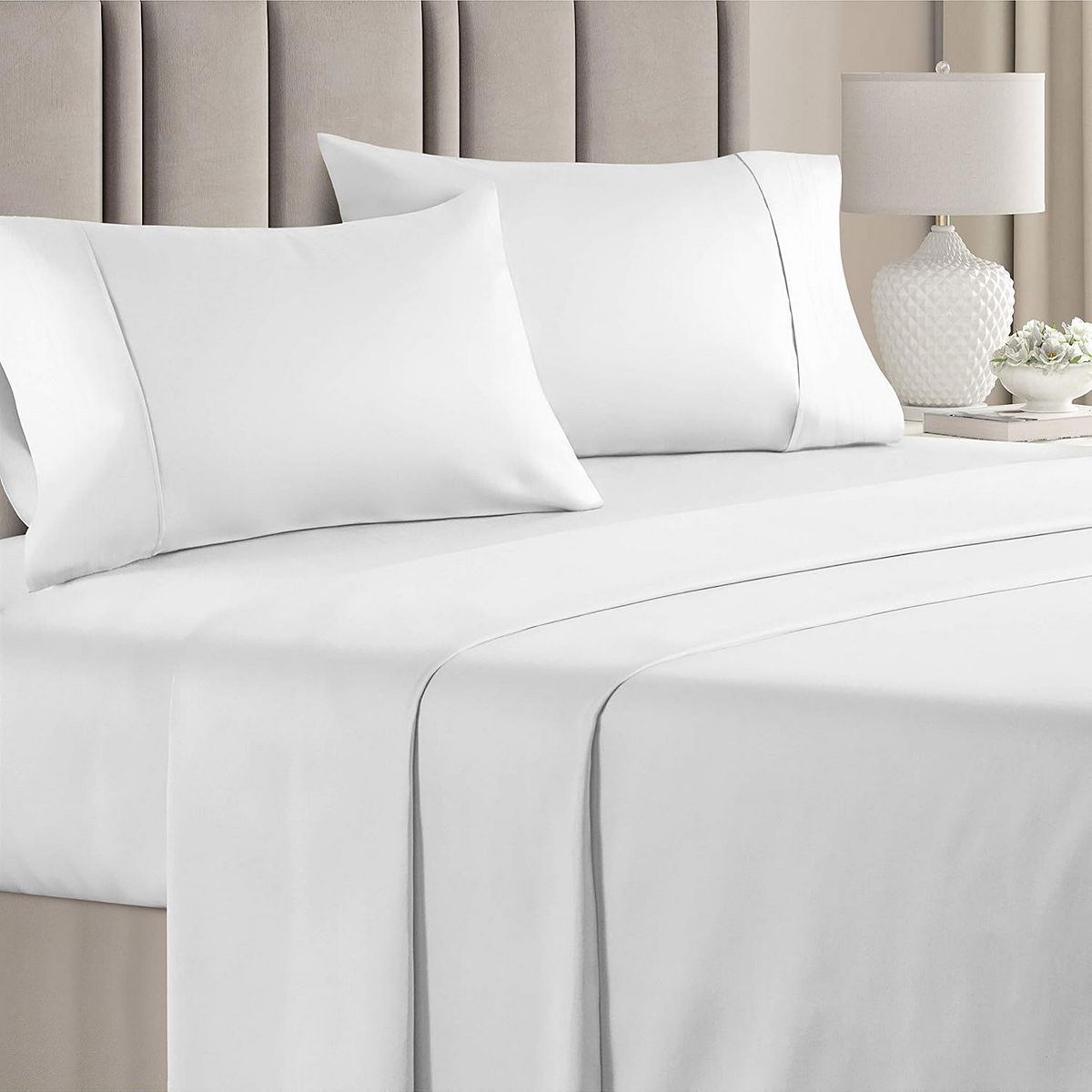 CGK Linens Soft 100% Cotton 400 Thread Count 4 Piece Sateen Sheet Set - White, QUEEN