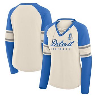Women's Fanatics Cream/Blue Detroit Lions Hometown Gridiron Hero Raglan Lace-Up V-Neck Long Sleeve T-Shirt