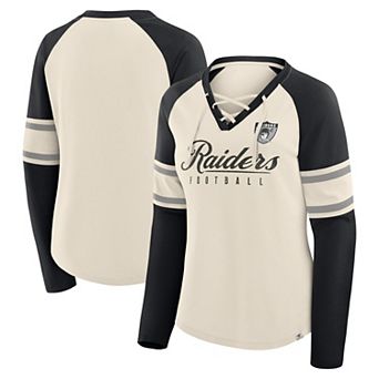 Women's Fanatics Cream/Black Las Vegas Raiders Hometown Gridiron Hero Raglan Lace-Up V-Neck Long Sleeve T-Shirt