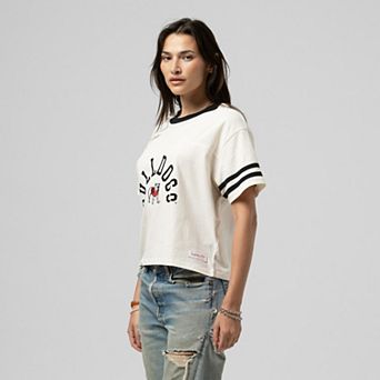 Women's Mitchell & Ness Cream Georgia Bulldogs Cropped Ringer T-Shirt