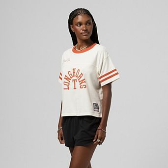 Women's Mitchell & Ness Cream Texas Longhorns Cropped Ringer T-Shirt