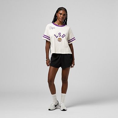 Women's Mitchell & Ness Cream LSU Tigers Cropped Ringer T-Shirt