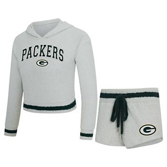Women's Concepts Sport Gray Green Bay Packers Whitley Long Sleeve Hoodie Top & Shorts Set