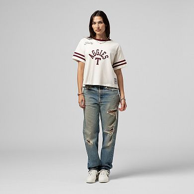 Women's Mitchell & Ness Cream Texas A&M Aggies Cropped Ringer T-Shirt