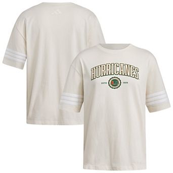 Women's adidas Cream Miami Hurricanes Fashion Three-Stripes Oversized T-Shirt
