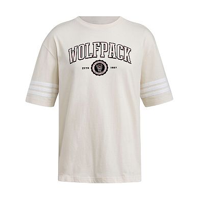 Women's adidas Cream NC State Wolfpack Fashion Three-Stripes Oversized T-Shirt