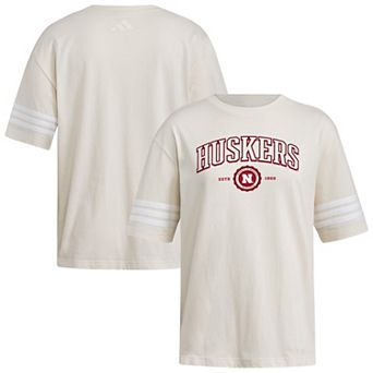 Women's adidas Cream Nebraska Huskers Fashion Three-Stripes Oversized T-Shirt
