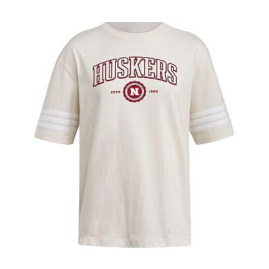 Women's adidas Cream Nebraska Huskers Fashion Three-Stripes Oversized T-Shirt