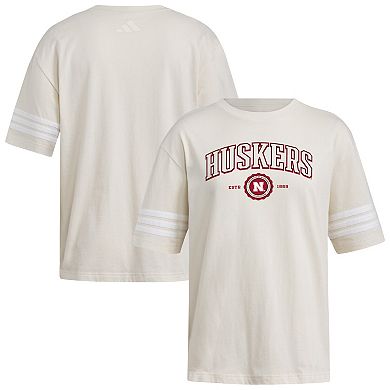 Women's adidas Cream Nebraska Huskers Fashion Three-Stripes Oversized T-Shirt