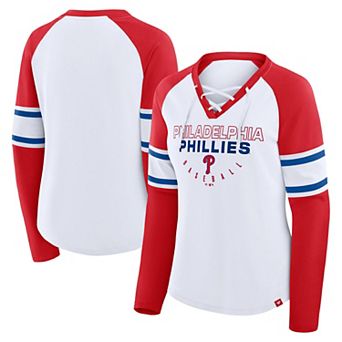 Women's Fanatics White/Red Philadelphia Phillies Blitz Package Raglan Lace-Up V-Neck Long Sleeve T-Shirt