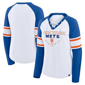Women's Fanatics White/Royal New York Mets Blitz Package Raglan Lace-Up V-Neck Long Sleeve T-Shirt